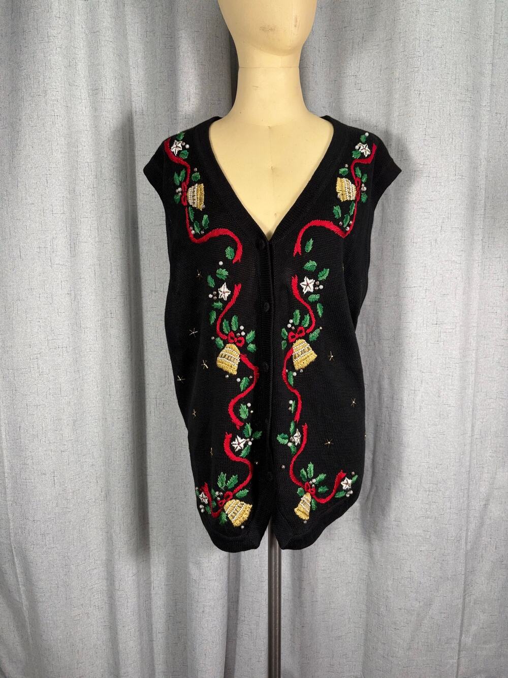 Vintage Christmas Holiday Sweater Vest Victoria Jones Beaded and Sequence XL
